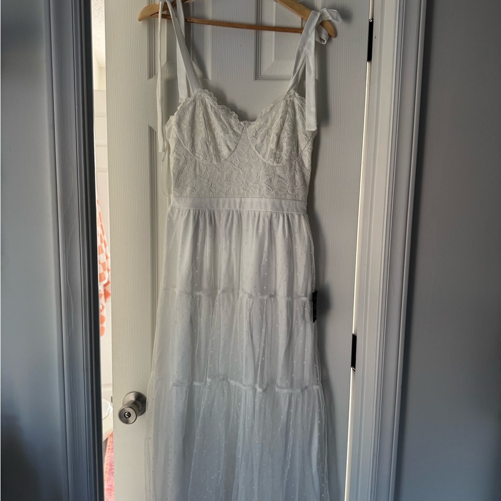 White Lace Swiss Dot Tie-Strap Midi Dress